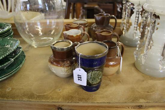 Doulton Lambeth EVII Coronation beaker, silver rim, 6 various small hunting jugs (one silver rim) & similar jar (cover deficient)